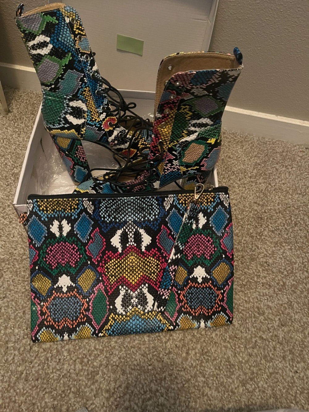 SHEIN Multicolor Snakeskin Lace-Up Boots with Matching Clutch
